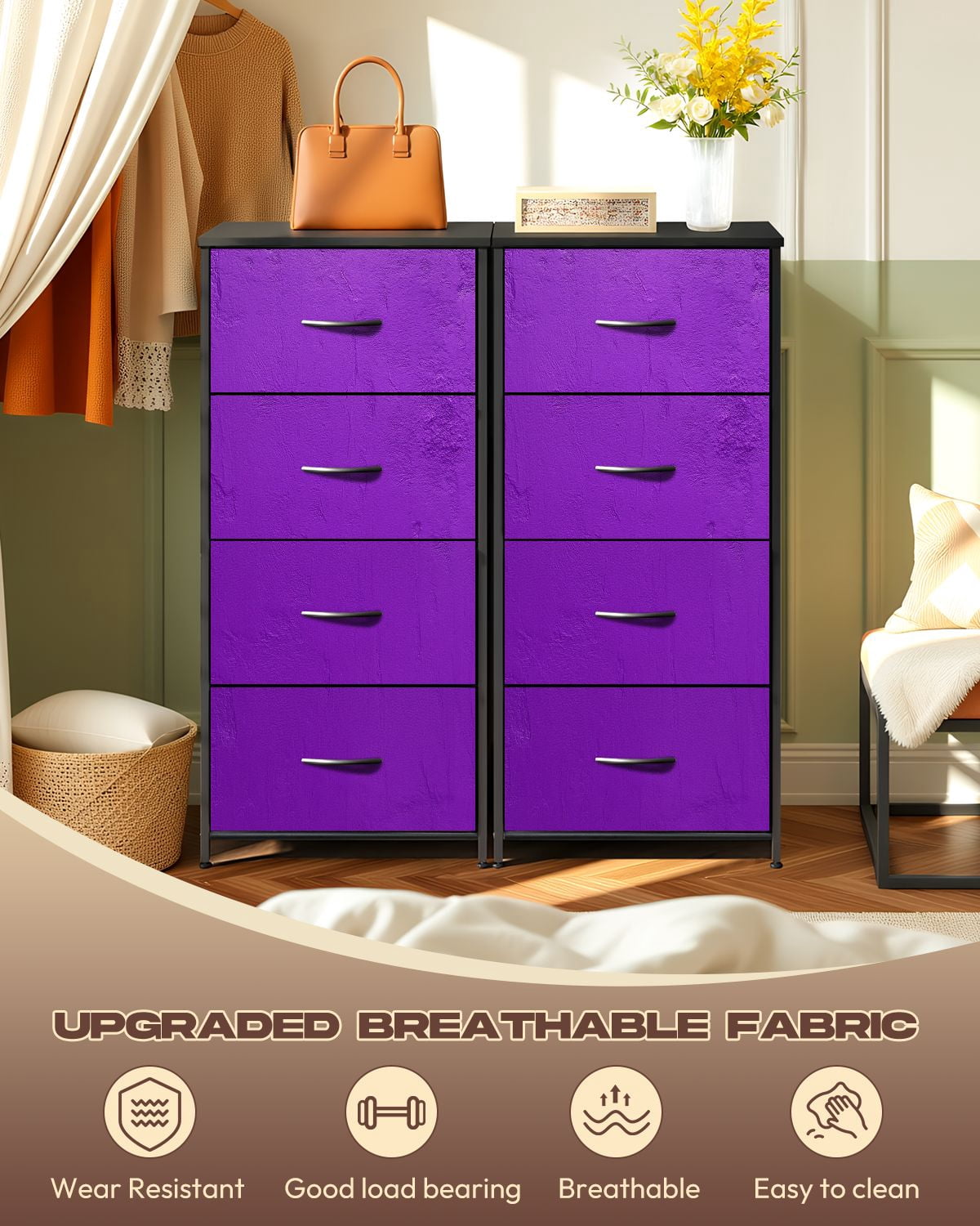 Kanworse 4 Drawer Fabric Dresser for Bedroom Abstract textured light purple Chests of Drawers for Closet Organizers Storage