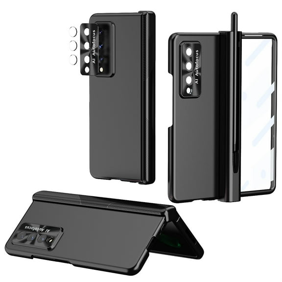 Case for Samsung Galaxy Z Fold 3, Double Hinge Protection with Pen Holder and Pen, Glossy Plating Bulit-in Screen Protector Shockproof Protective Case Cover for Samsung Galaxy Z Fold 3, Black