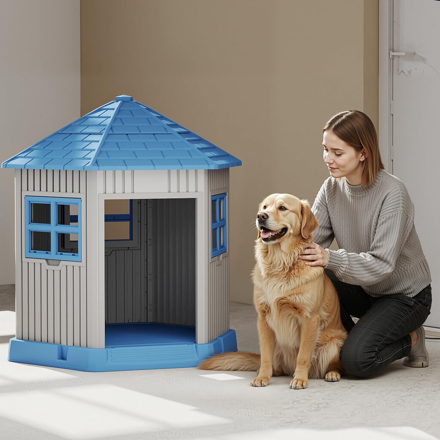 VIXZEN Large Dog House Outdoor, Barn-Style Outside Dog House with Waterproof Material & Openable Window, All-Weather Pet Shelter for Large Breeds (Blue)