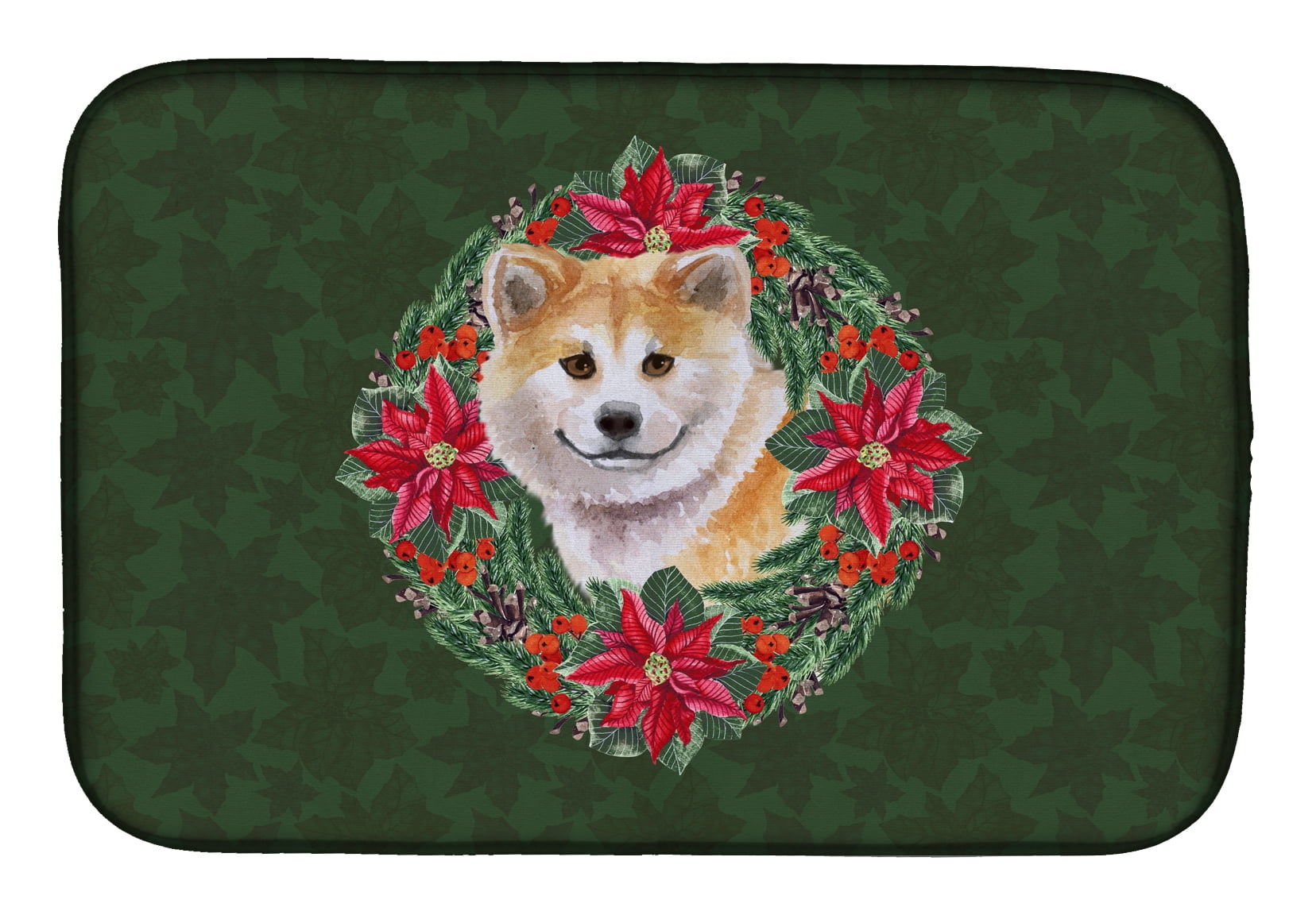Caroline's Treasures Shiba Inu Poinsetta Wreath Dish Drying Mat