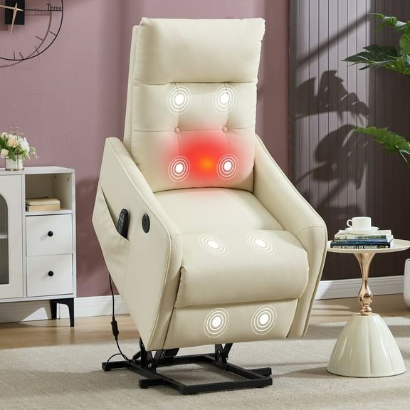 Trustyue Manual Lift Recliner Chair with Massage and Heat for Elderly, Single Motor Electric Lift Chair, Heavy Duty Recliner with USB Charging & Side Pockets (Breathable Leather, Cream White)
