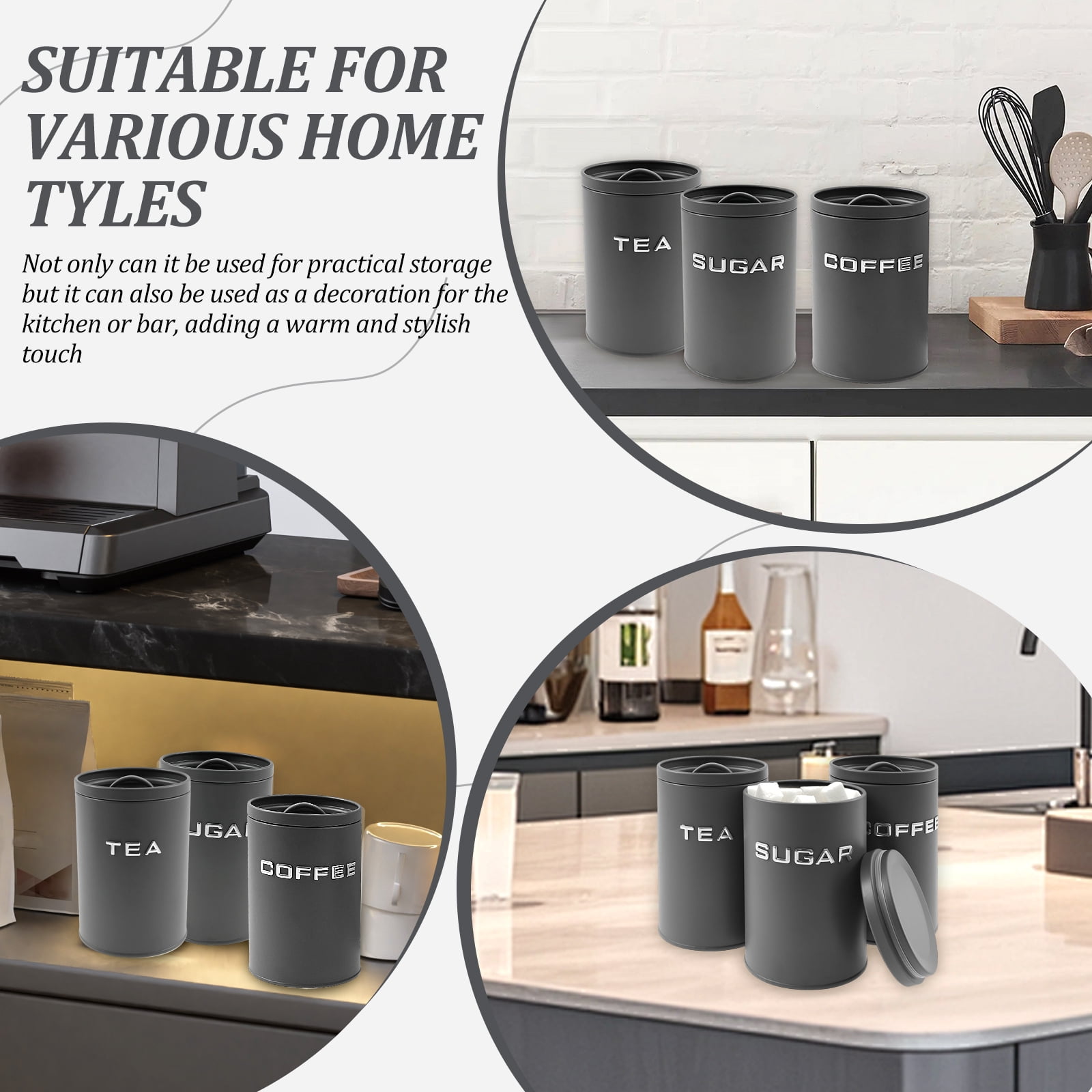 3 Pack Kitchen Canisters with Lids Airtight Metal Canister Set, Food Storage Containers Jars for Coffee, Sugar, Tea, Flour, Rustic Kitchen Decor Containers