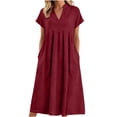 thumbnail image 3 of justHIGH Robe Midi en Coton et Lin pour Femme 2026 Été à Manches Courtes Décontractée Robes Plissées Ligne A Robe de Plage avec Poches Bordeaux,S, 3 of 7