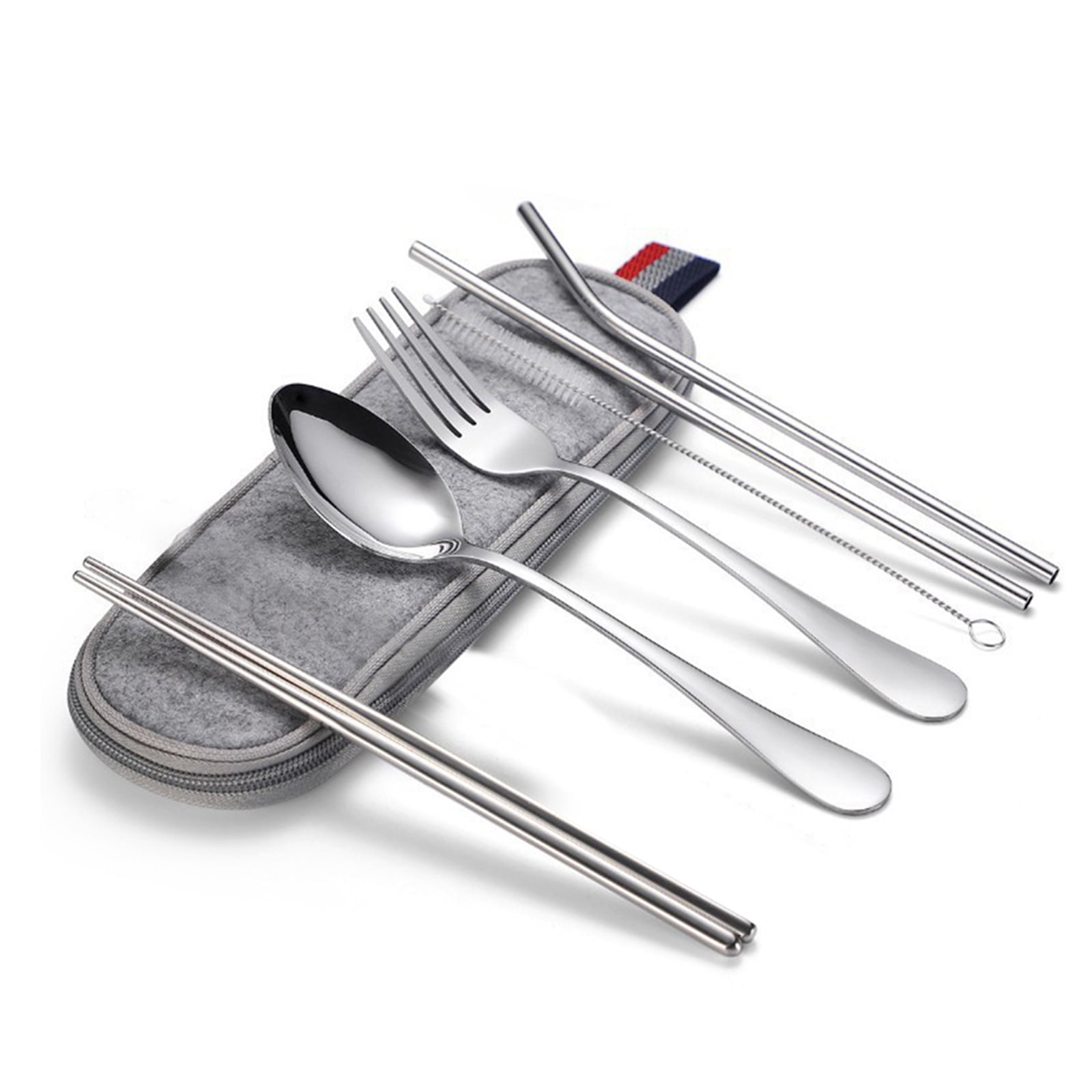7pcs /Set Stainless Steel Tableware Straw Portable Spoon Fork Chopsticks Set RD 