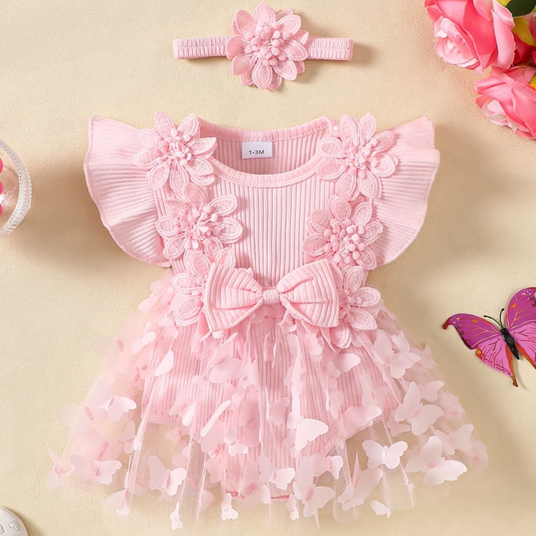 Dagaeig Baby Dresses Newborn Lace Romper Dress Short Sleeve Ruffle Mesh  Tutu Dress 0 3 6 12 18 Months Cute Jumpsuits with Headband(Pink,12-18  Months) - Walmart.com