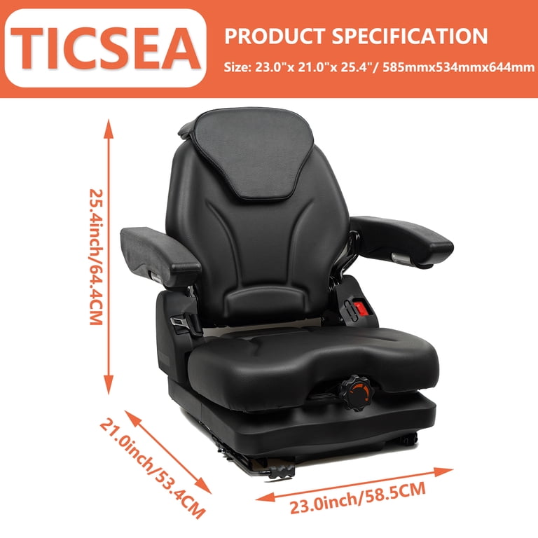 Universal Suspension Tractor Seat - Black Vinyl, Adjustable Height & Slide, With Backrest