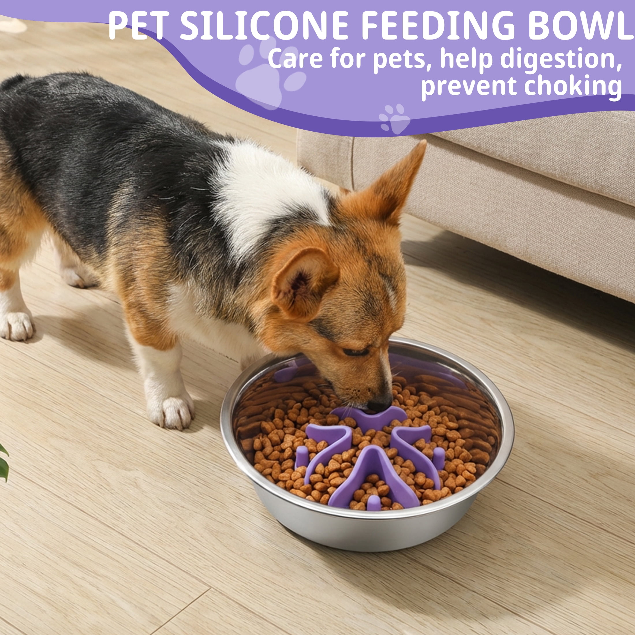 Silicone Slow Feeder Dog Bowl Insert, Large Size Purple with Strong Suction Cups, Universal for Stainless Steel, Glass & Ceramic Dog Bowls