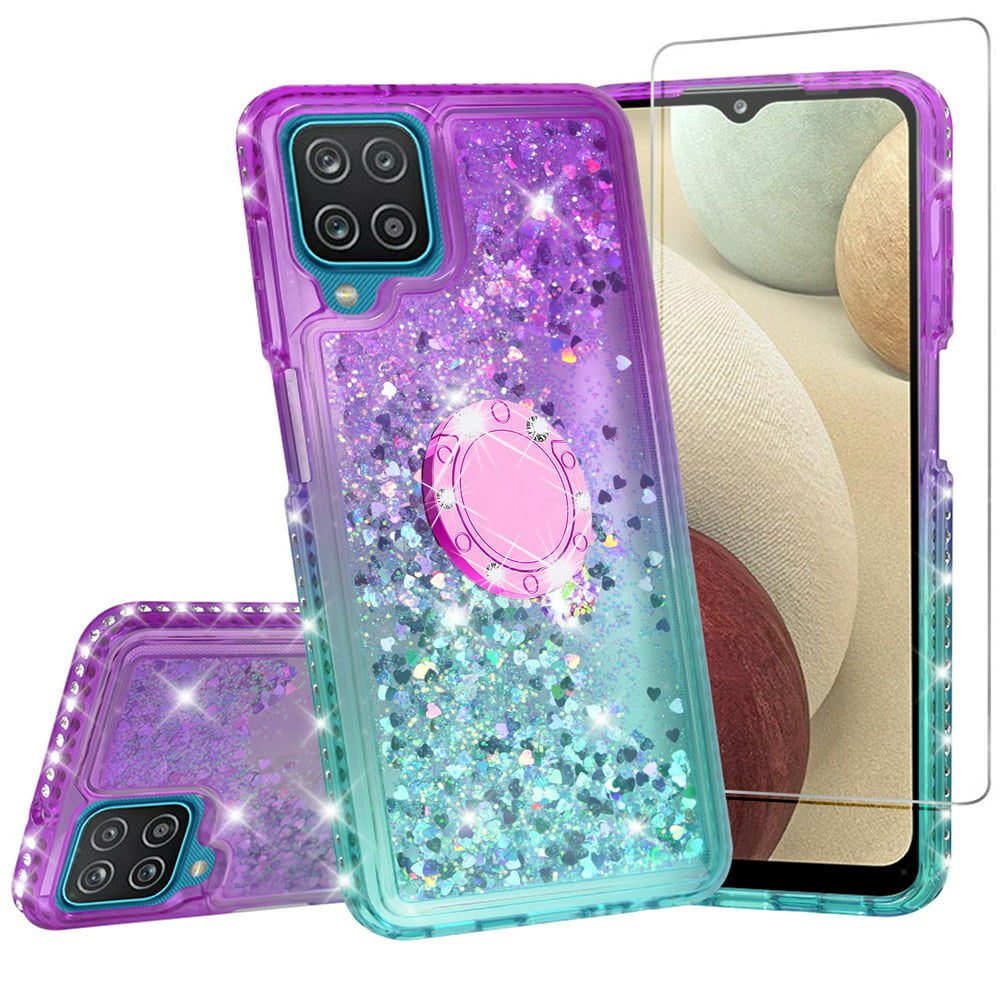SOGA Rhinestone Liquid Quicksand Cover Cute Girl Phone Case Compatible for Samsung Galaxy A12
