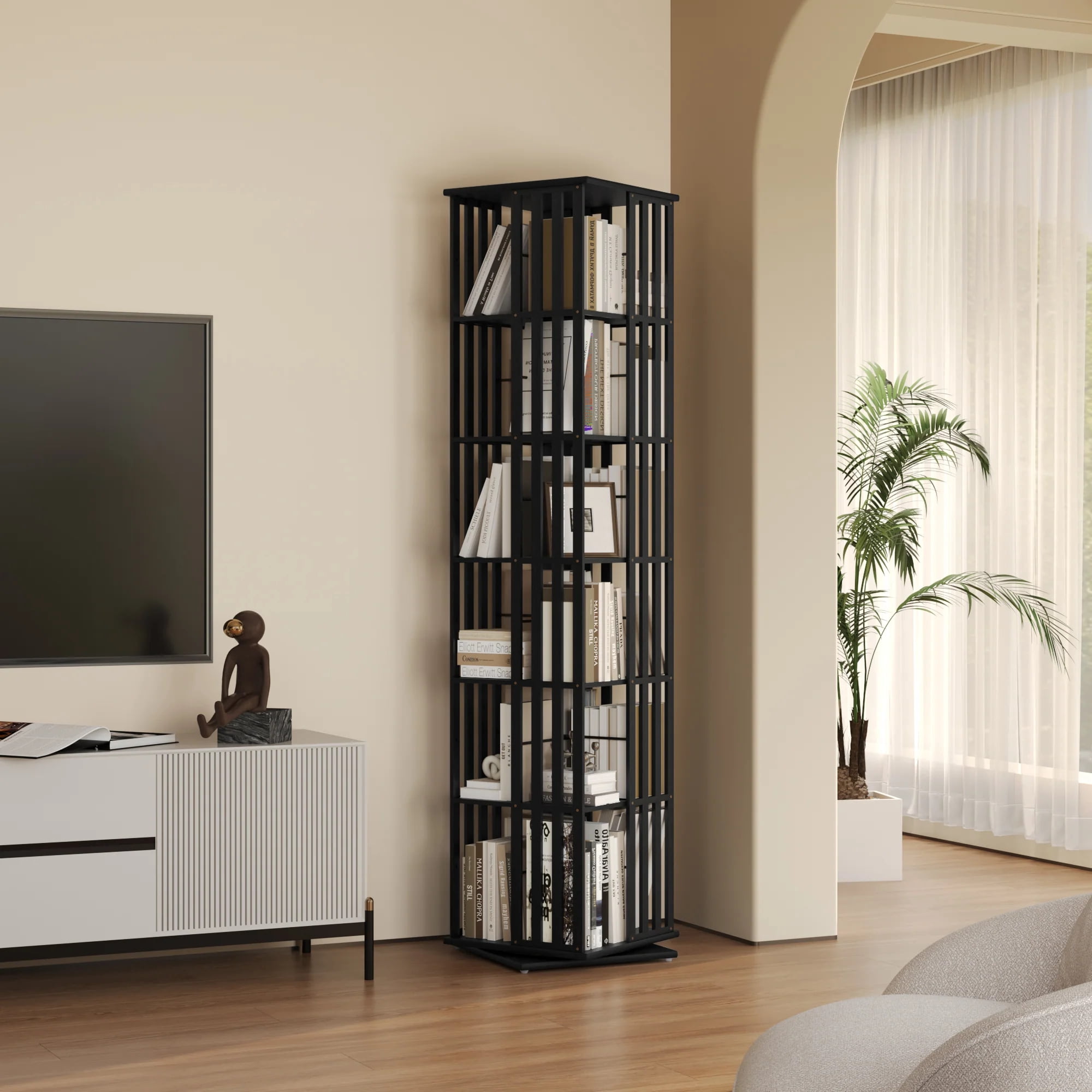 YOWOS 6-Tier Bamboo Rotating Bookcase Tower, 360° Swivel Corner Bookshelf with Display Organizer & Floor Storage Rack, Narrow Space-Saving Design, Black