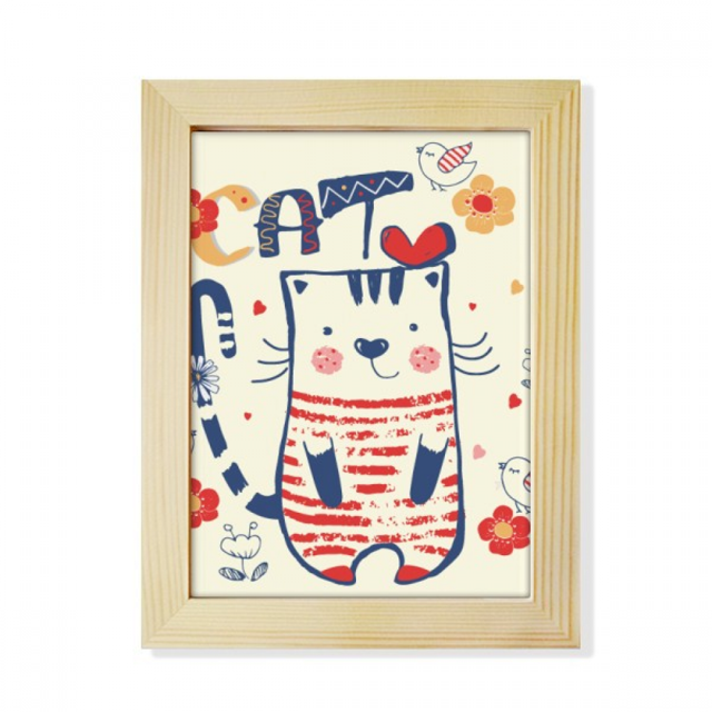 Cartoon Cute Cat Bird Flower Drawing Desktop Adorn Photo Frame Display Art Painting Wooden