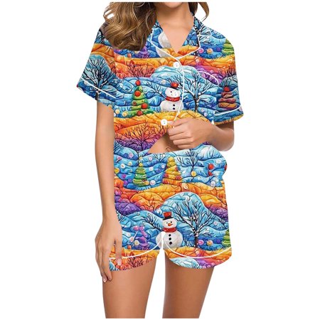 asdoklhq Flannel Pajamas for Women Set Women Christmas Printed Stand Up Collar Pocket Short Sleeved Top Shorts Home Wear Pajama Set Light Blue XL