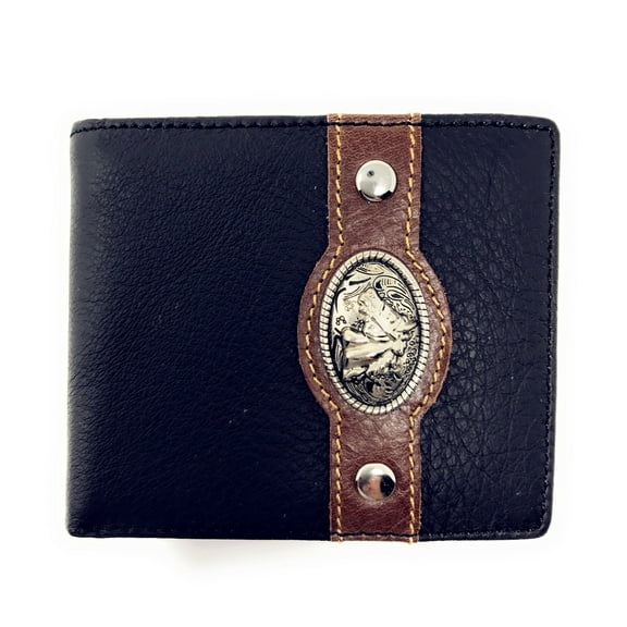 Roll over image to zoom in Western Genuine Leather Mens Metal Concho Horse Head Bifold Short Wallet