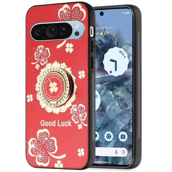 Designed for Google Pixel 9 Pro XL (6.8") Diamonds 3D Bling Sparkly Glitter Ornaments Engraving Hybrid Fashion Ring Stand Phone Case Cover [Red Good Luck Floral]