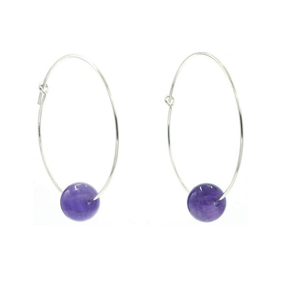 Sterling Silver Hoop Earrings with 8mm Round Amethyst