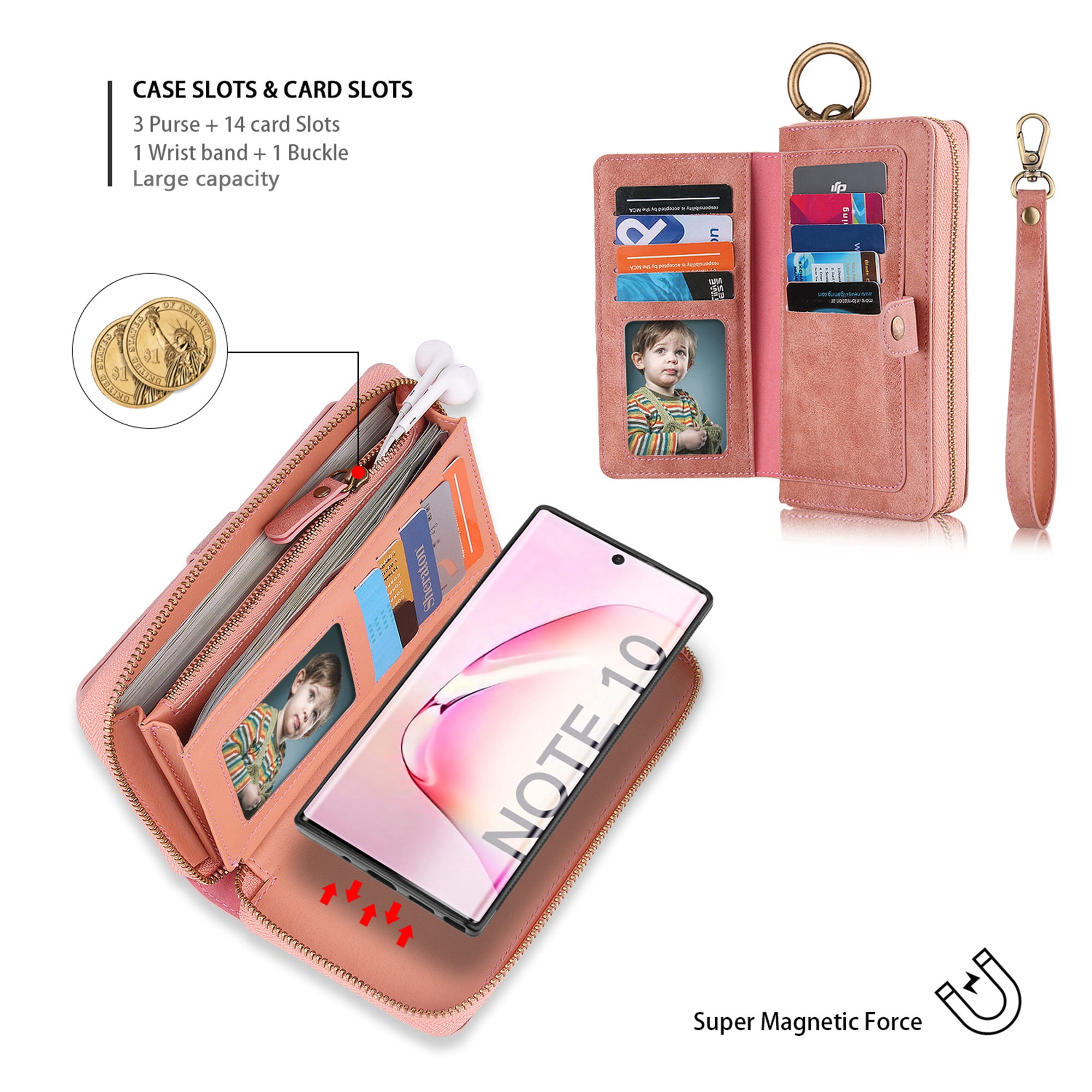 Samsung Galaxy Note 10 6.3 inch Wallet Detachable Case, Dteck Zipper Purse Phone Case Multi-functional Folio Flip Leather Removable Magnetic Back Cover For Samsung Galaxy Note10,Pink