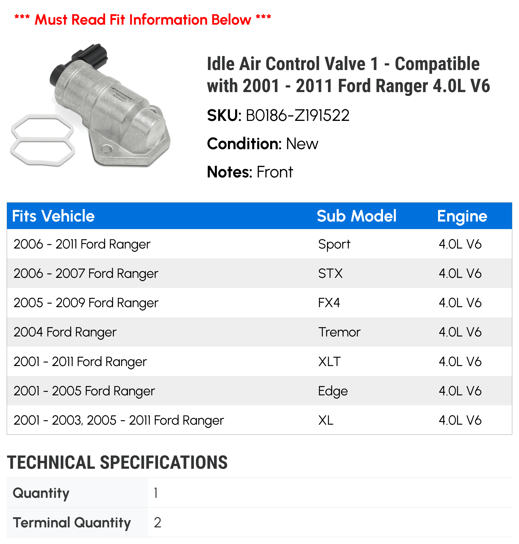 Idle Air Control Valve 1 - Compatible with 2001 - 2011 Ford Ranger 4.0L V6 2002 2003 2004 2005 2006 2007 2008 2009 2010
