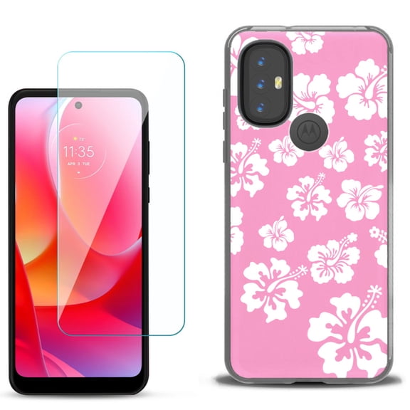 Slim-Fit Gel TPU Phone Case for Motorola Moto G Power 2022, with Tempered Glass Screen Protector, by OneToughShield ® - Hibiscus Pink