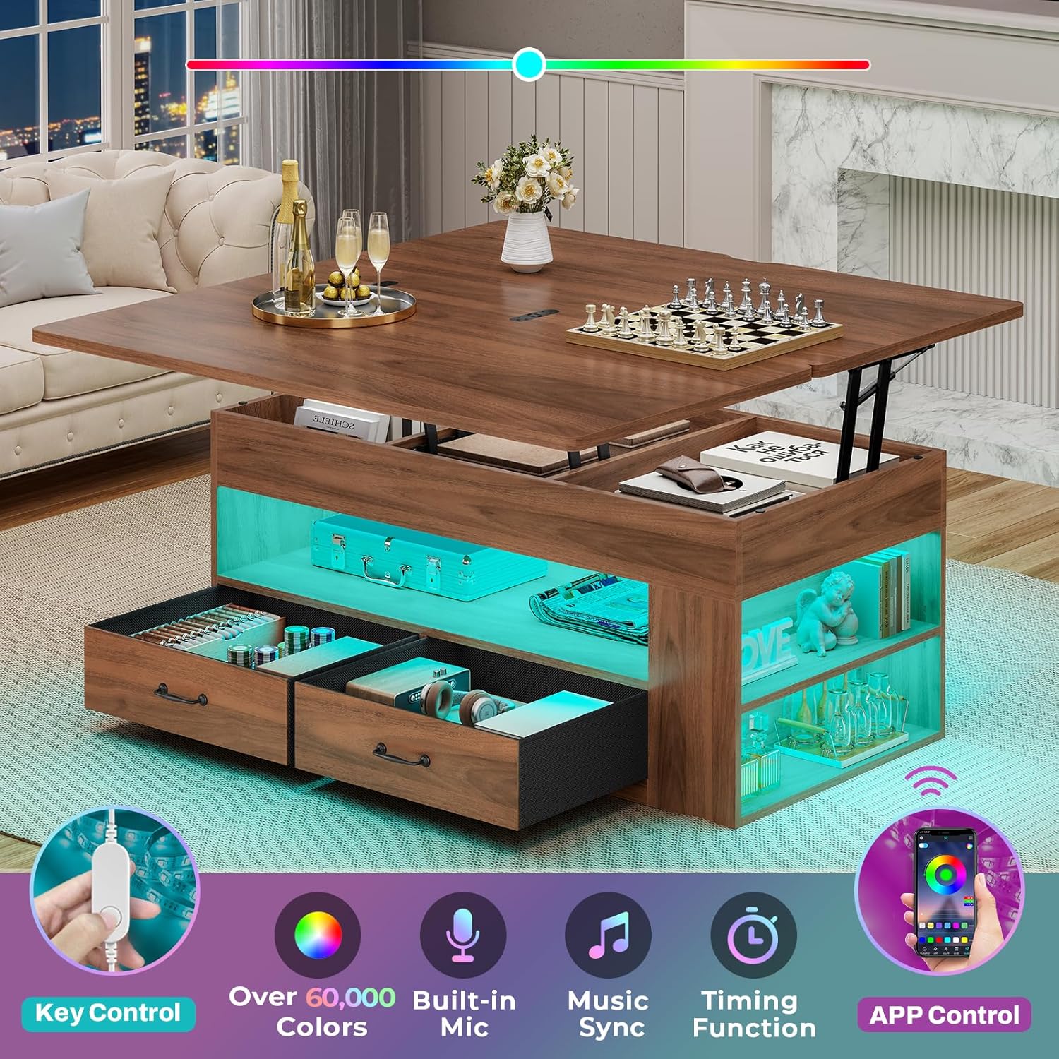40" Farmhouse Lift Top Coffee Table, 4 in 1 Multifunction Lift Coffee Tables with 2 Drawers, Open Shelves and Hidden Compartment, Center Table with Wooden Tabletop for Living Room, Brown