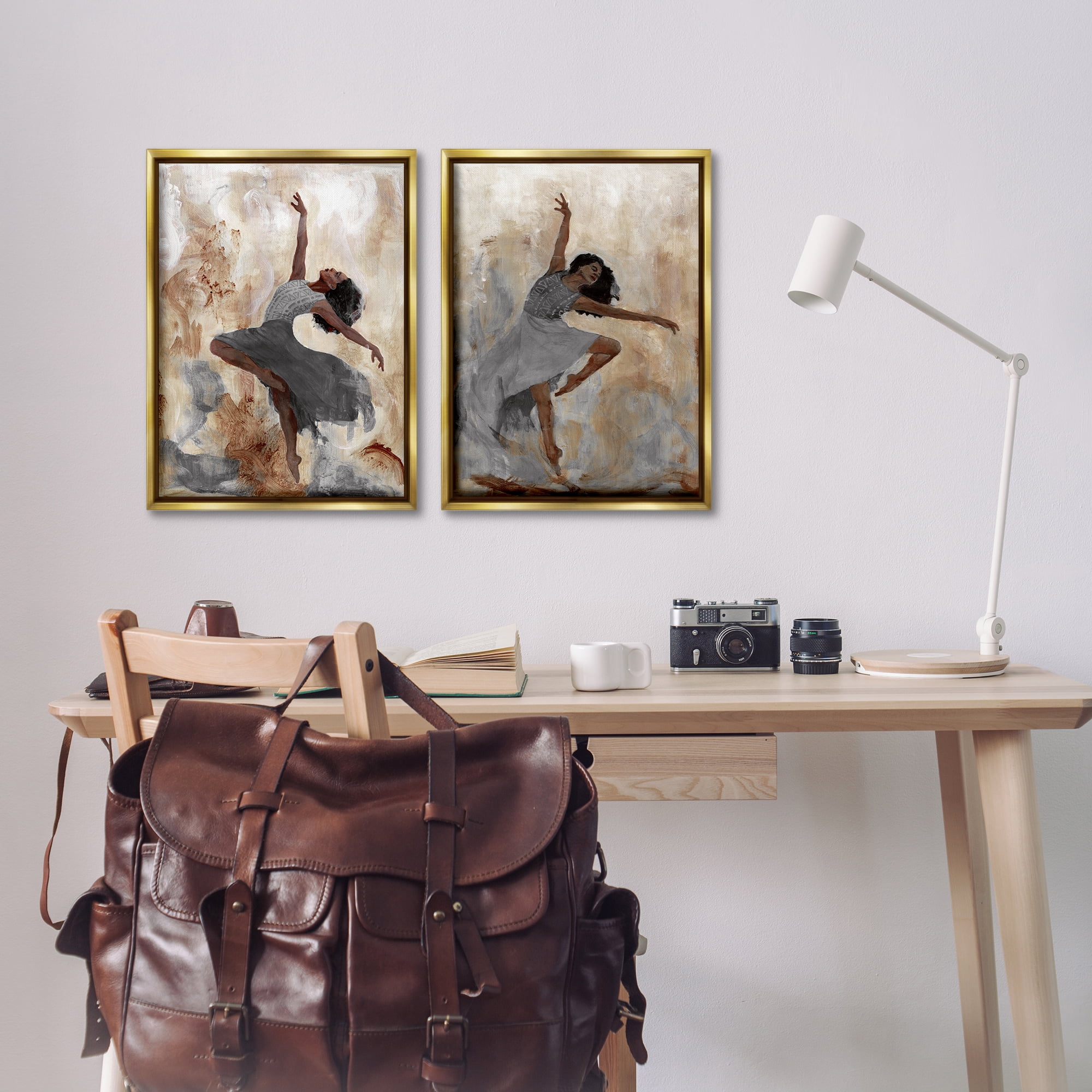 Stupell Industries Abstract Interpretive Dance Figure People Painting Gold Floater Framed Canvas Art Print Wall Art, 17 x 25, Set of 2