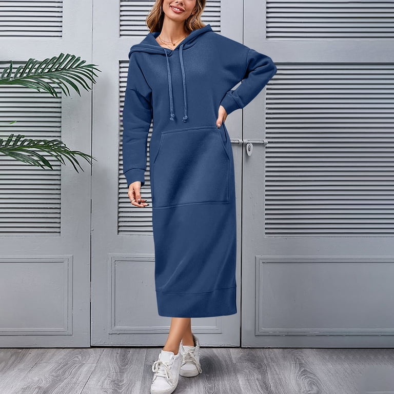 Felirenzacia Women's Plus Size Fleece Maxi Hoodie Dress with Huge Deep Kangaroo Pocket Long Tunic Dress for Big and Tall Women Navy,M