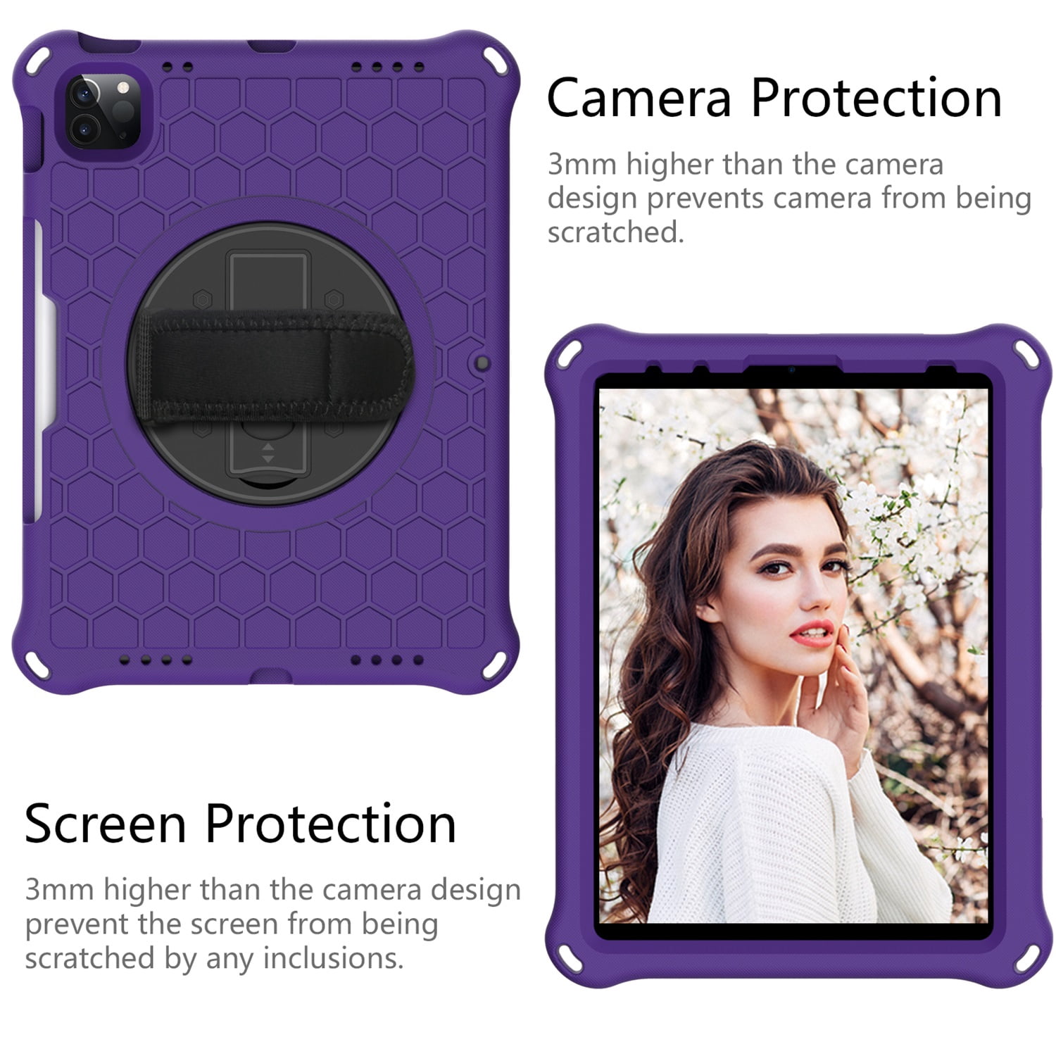 SaniMore for iPad 10th Generation 10.9" 2022 Case with 360° Rotatable Hand Strap, EVA & PC Case with Pencil Holder & Shoulder Strap Multi-Angle Kickstand Shockproof Protective Case, Purple+Black