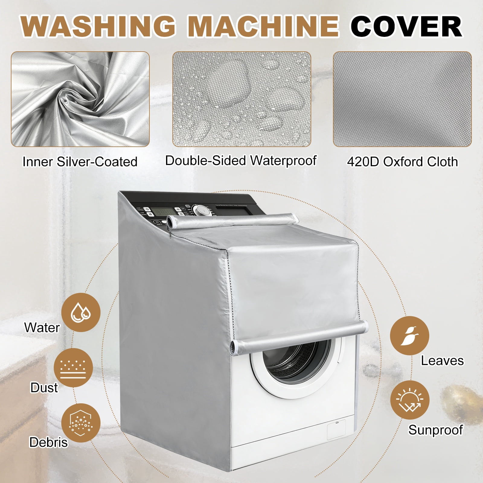 Uxcell Washer and Dryer Covers (28"Wx29"Dx43"H) - Waterproof, Dustproof, Washer Machine Cover with Zipper Laundry Cover for Top Load and Front Load Washing Machine, Silver
