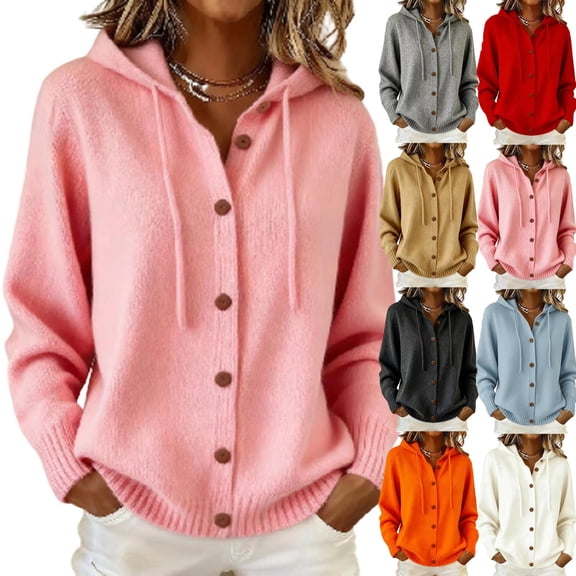 Sahpxhe Cardigan Sweaters for Women Hooded Long Sleeve Loose Fit Button down Sweater Coat Fall Casual Warm Knit Outerwear Pink S