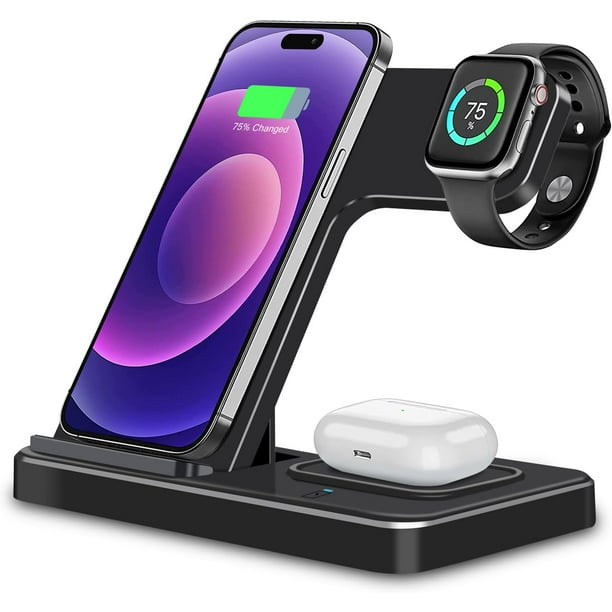 Estación de carga inalámbrica para múltiples dispositivos: Soporte de cargador múltiple rápido para teléfono 3 en 1 para productos Apple iPhone 14 13 12 11 Pro Max XS XR X 8 Plus Watch 8 7 6 5 4 3 2