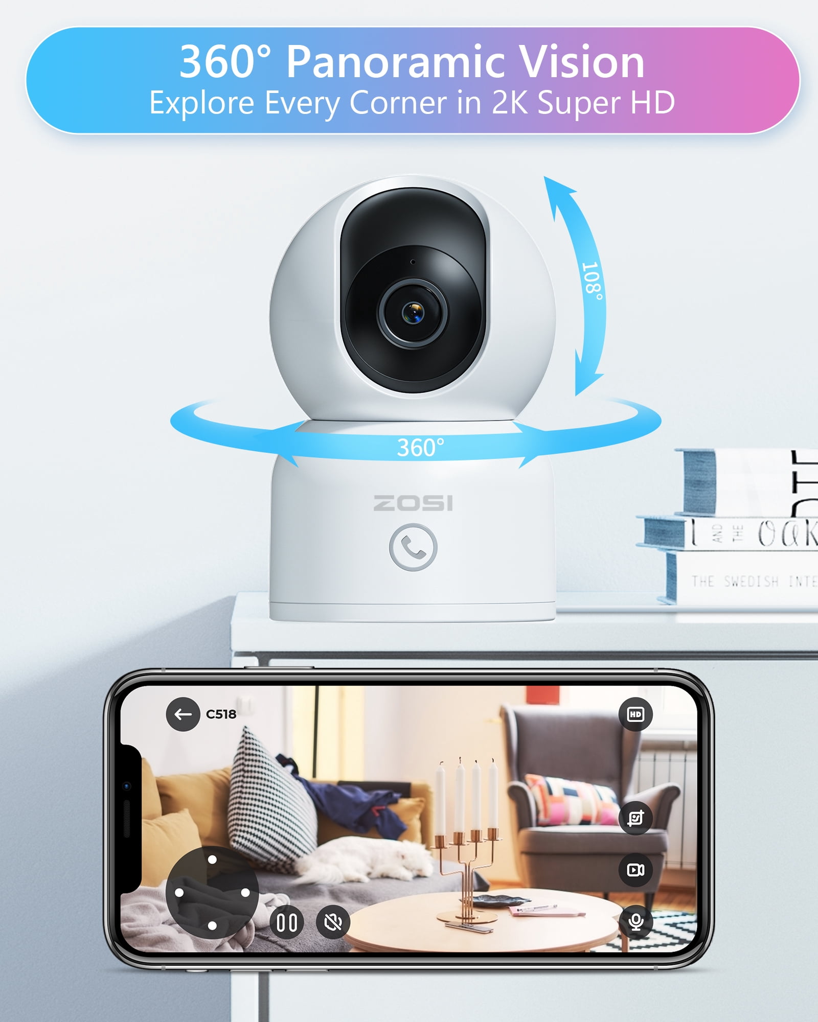 ZOSI 2K 5Ghz WiFi Security Camera, 4Pack Audio 360°View PTZ Camera with PIR Motion Sensor, Indoor/Outdoor IP Camera with Night Vision, Pet/Office/Baby Monitor