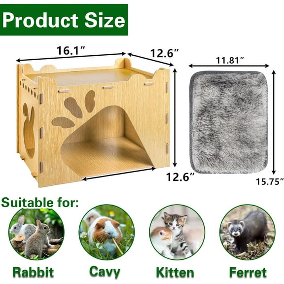 Large Wooden Bunny Hideout Castle with Pet Pad for , Guinea Pigs, Hamsters &