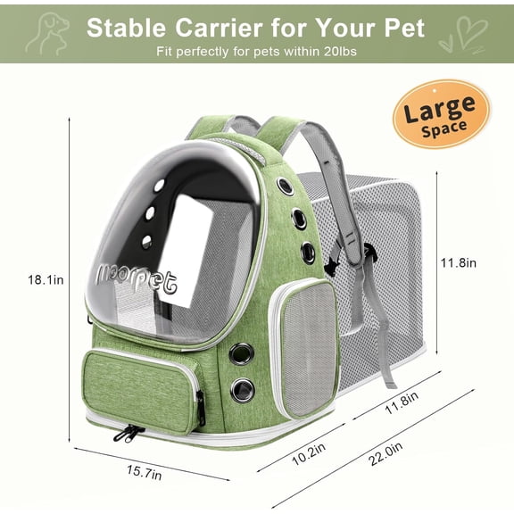 Breathable Cat Bubble Backpack Large Space Pet Carrier Backpack Expandable for Kitty Dog, Foldable Airline Approved Cat Backpack, Transparent PetTravel Backpack Up to 20 lbs (Green) (Green)