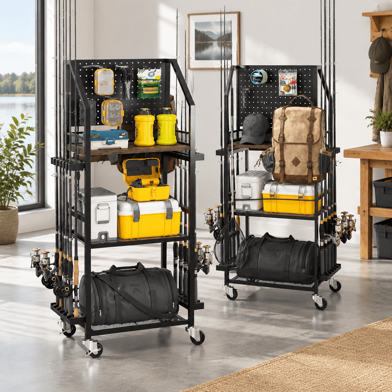Fishing Rod Rack Black-3-Sided 10 Hooks 3-Tier Storage Organizer