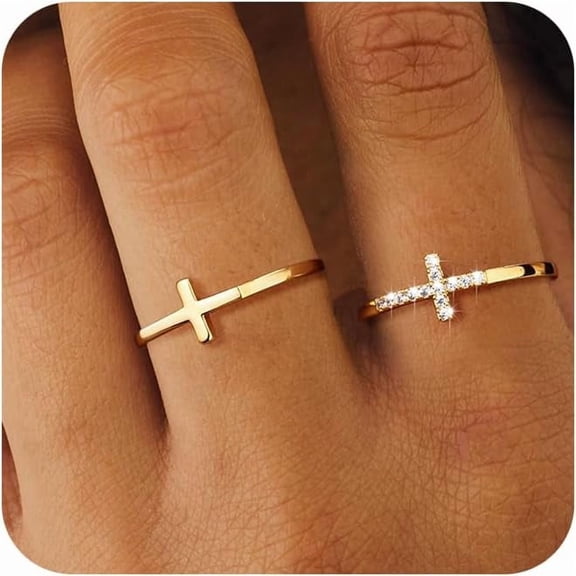14K Gold Plated Cross Ring Set for Women Size 5 Stackable Dainty CZ Jewelry