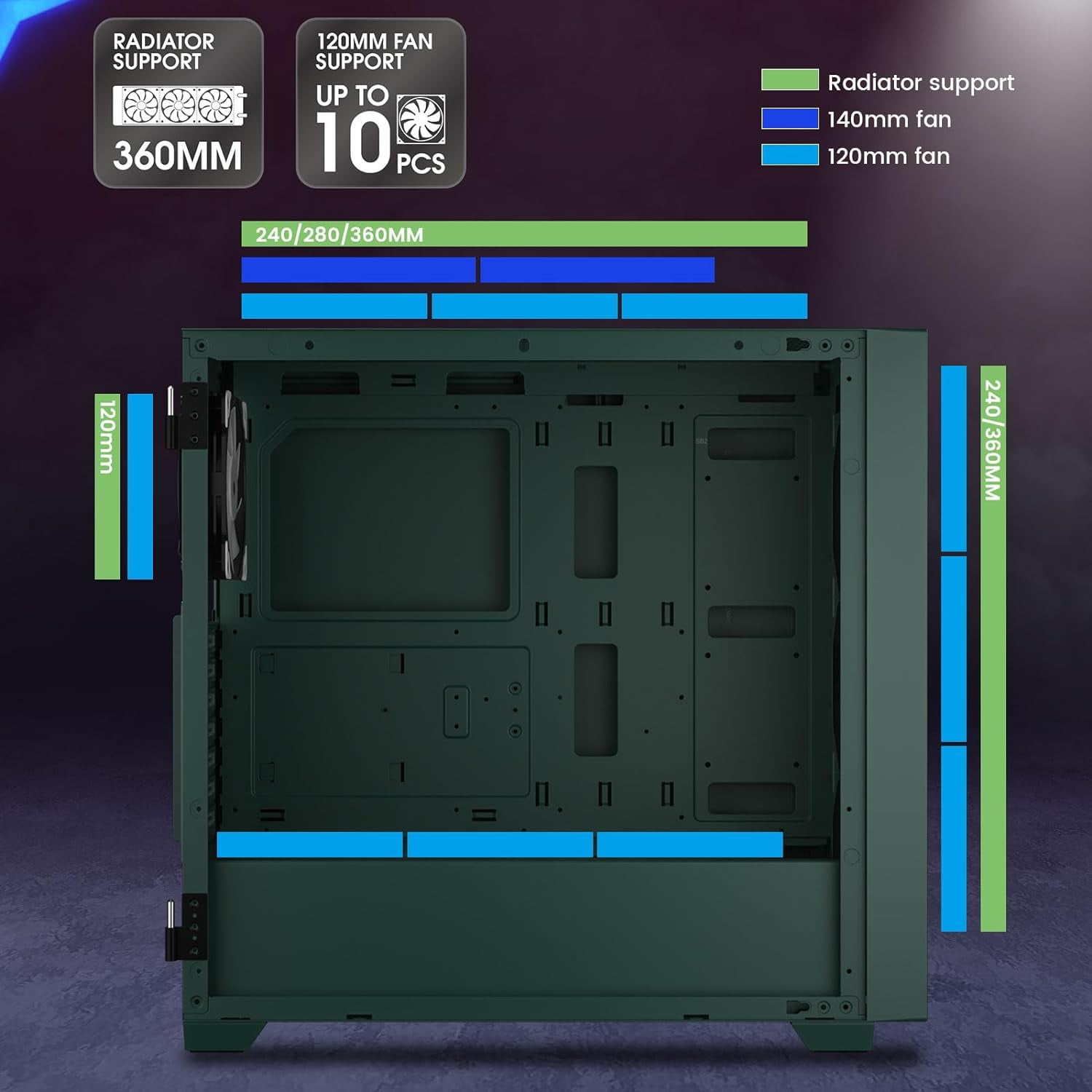 VETROO AL800 Full Tower E-ATX PC Computer Case w/Door Opening Design Tempered Glass-Army Green