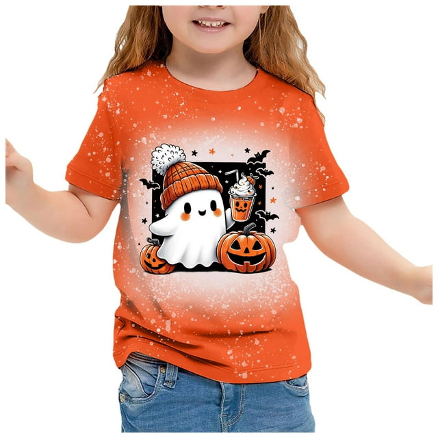 MIASHUI Mignon T-Shirt Décontracté Imprimé pour Filles pour Célébrations d'Halloween Manches Courtes Col Rond pour Usage Quotidien Gris Clair, 10-11 Ans