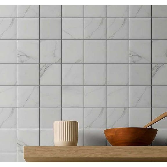 S4Sassy Vintage Style Waterproof Wall Wrap, Plain Finish Mosaic Tile Wallcover, Marble Texture Tile Print Contact Paper For Backsplash, Self Adhesive Vinyl Wallpaper, Diy Home Decor- White-25"X120"
