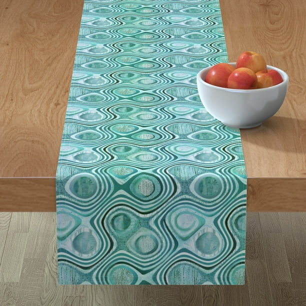 Cotton Sateen Table Runner, 72" Mod Aqua Teal Blue Mid Century Turquoise Geometric Abstract