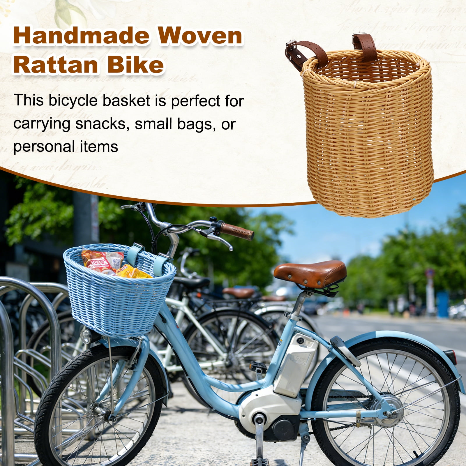 Uxcell Bike Basket, Imitation Rattan Bicycle Basket Adjustable Front Baskets with 2 Leather Belt Buckles Strong Load 7.3 x 7.3 x 8.2" & Apricot-Fitting For(Most Bikes/Tricycle/Scooters)