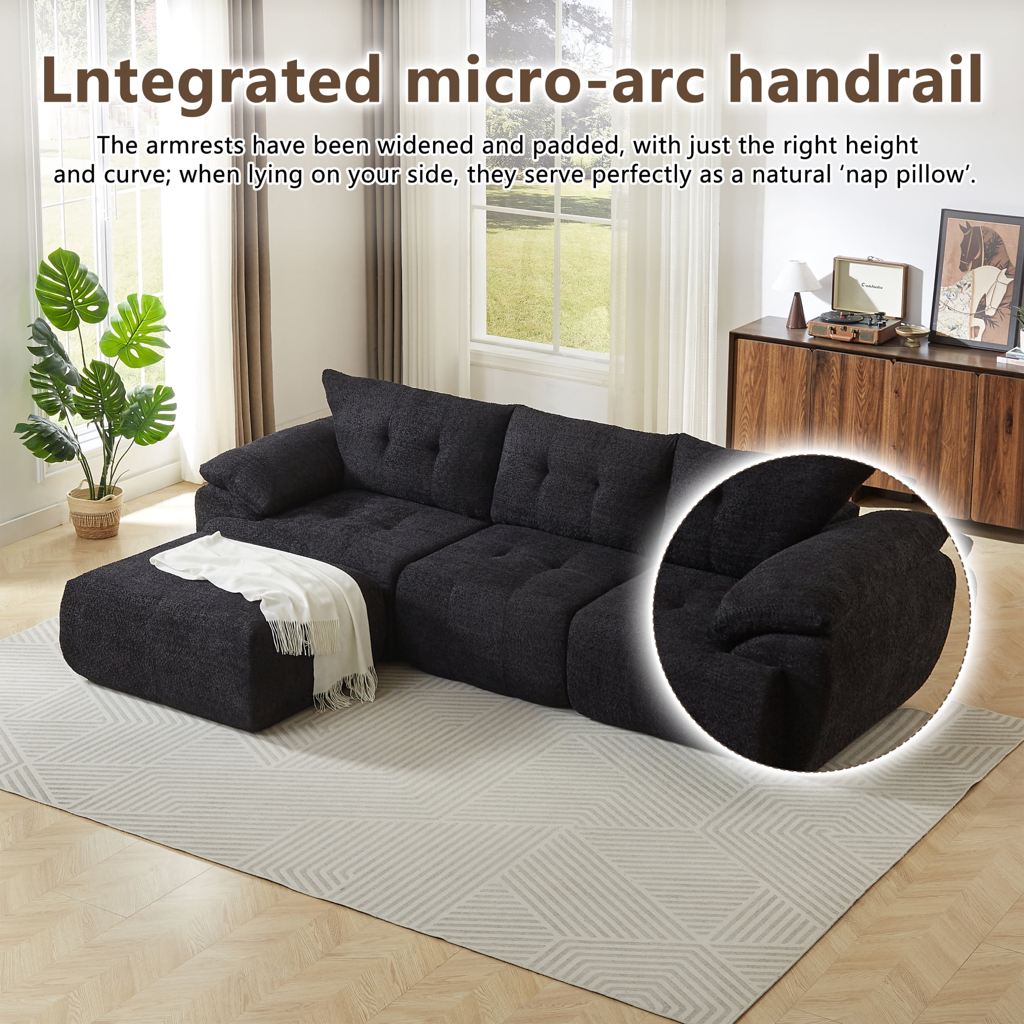 Leumius 115" Modern 3-Seater Sofa, Chenille Sofa with Upholstered Backrest, Curved Horn Backrest for Living Room, Bedroom, Apartment, Office,Black