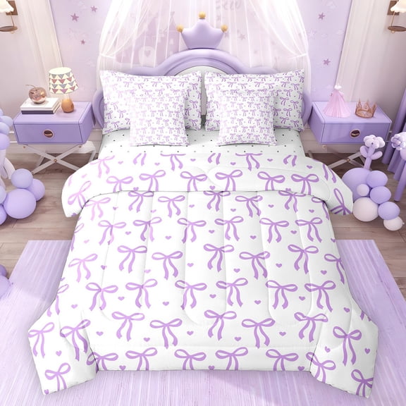 Feelyou Fashion Bowknot Bedding Comforter Set 7pcs, Purple Love Heart King Bedding Sets