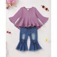 thumbnail image 3 of Yaoqi 12 Months Infant Baby Girl Outfit Set 18 Months Winter Clothes Ruffle Long Sleeves Pullover Top Bowknot Flared Denim Pants 2pcs Clothing Purple, 3 of 7