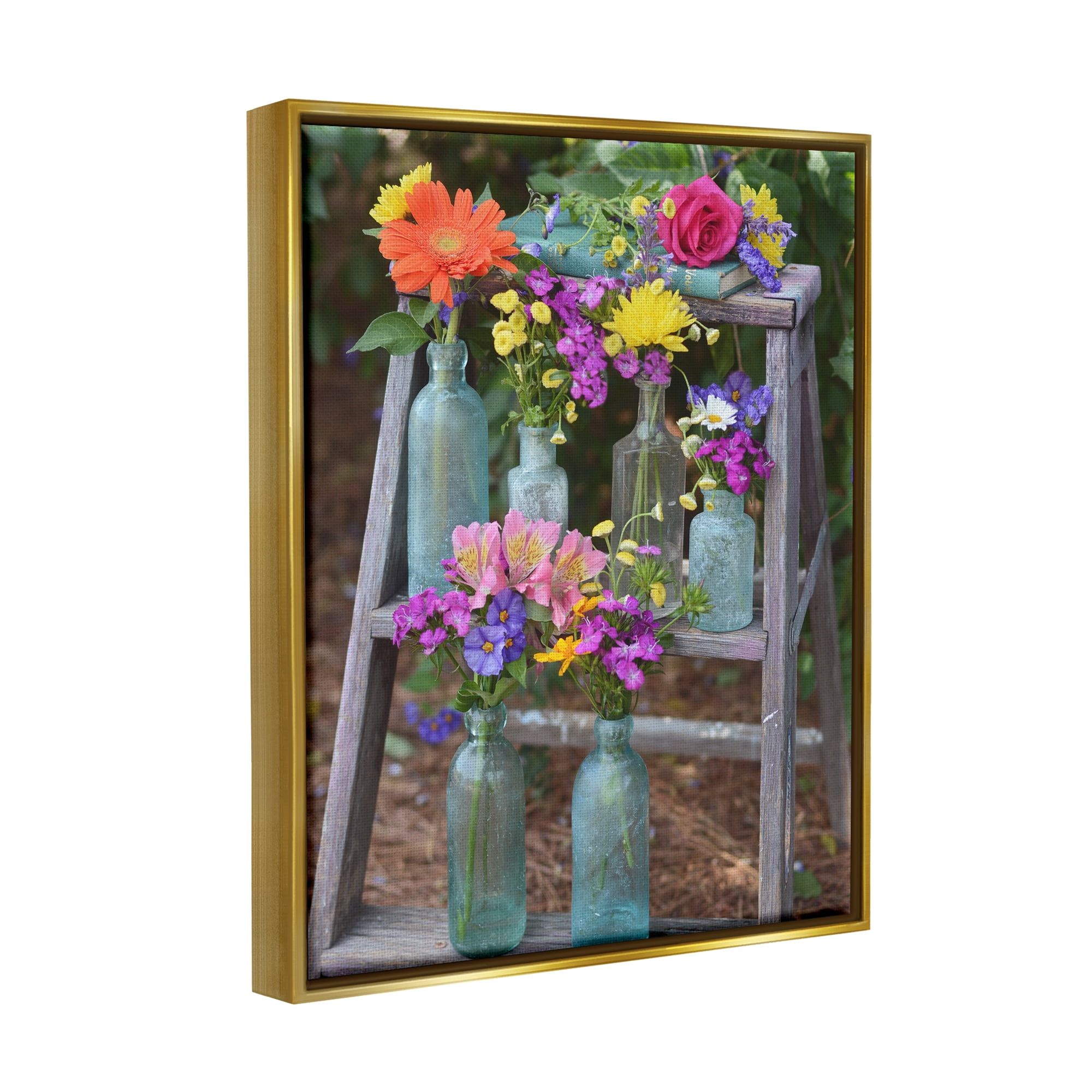 Stupell Industries Country Flower Jars Botanical & Floral Photography Gold Floater Framed Canvas Art Print Wall Art, 25 x 31