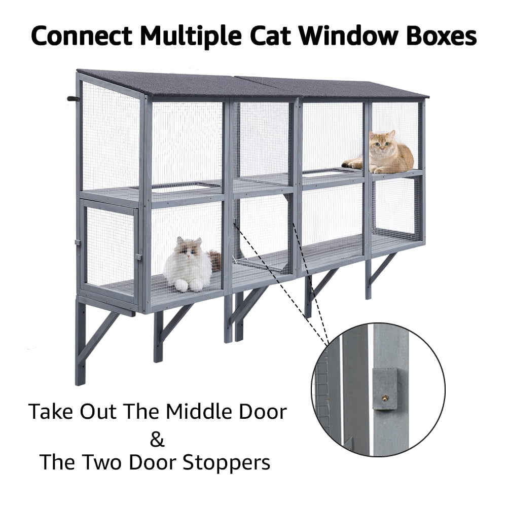 Unipaws 2-Tier Grey Window Box Catio, Wooden Outdoor Enclosure for Indoor Cats, Expandable Weatherproof Perch House