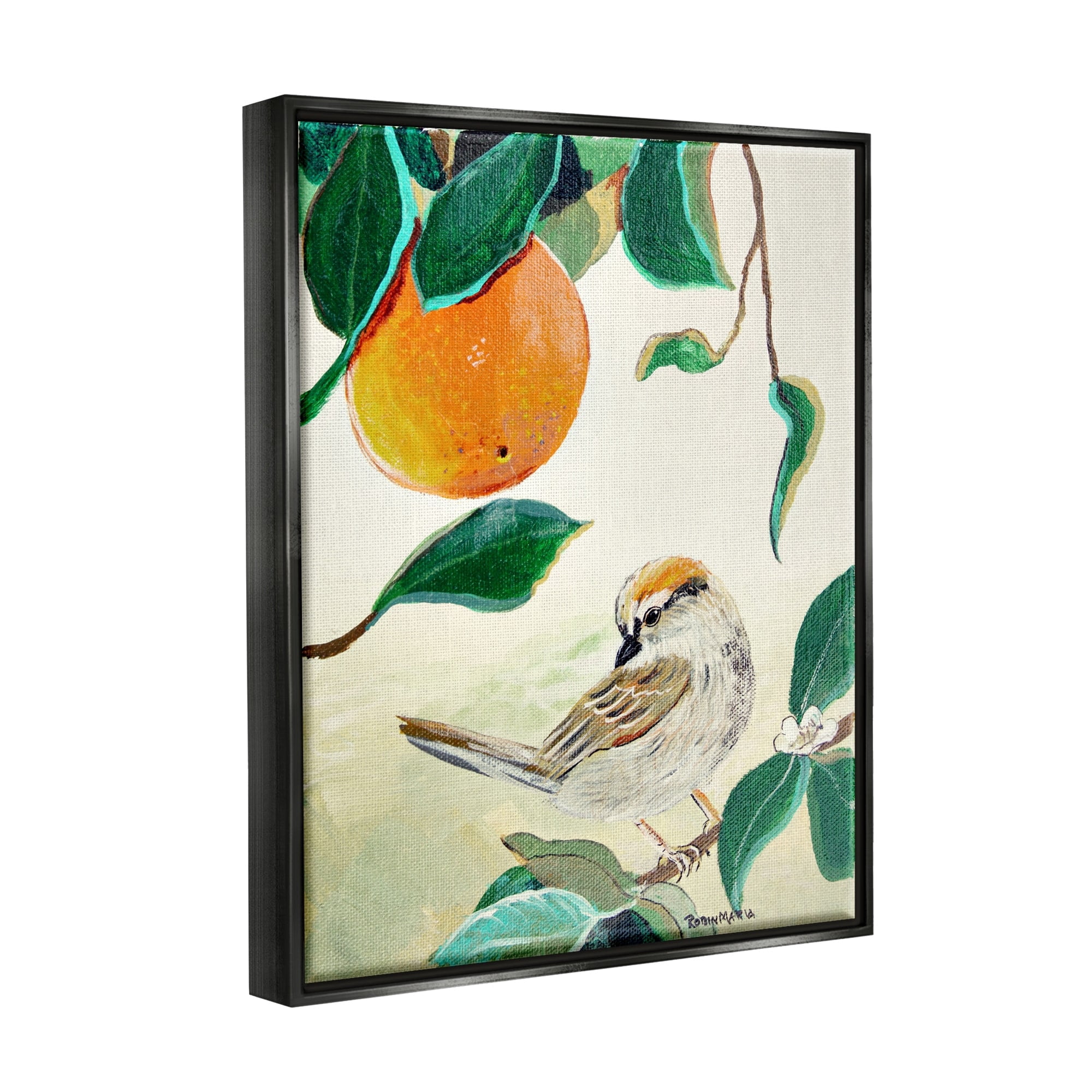 Stupell Industries Bird Perched Orange Fruit Tree Branch Leaves Painting Jet Black Floating Framed Canvas Print Wall Art, Design by Robin Maria
