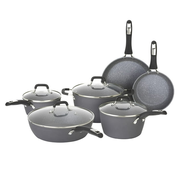 Juego de ollas y sartenes Bialetti Impact de aluminio texturizado de 10 piezas, con ollas, sartenes y horno holandés, antiadherentes, color gris