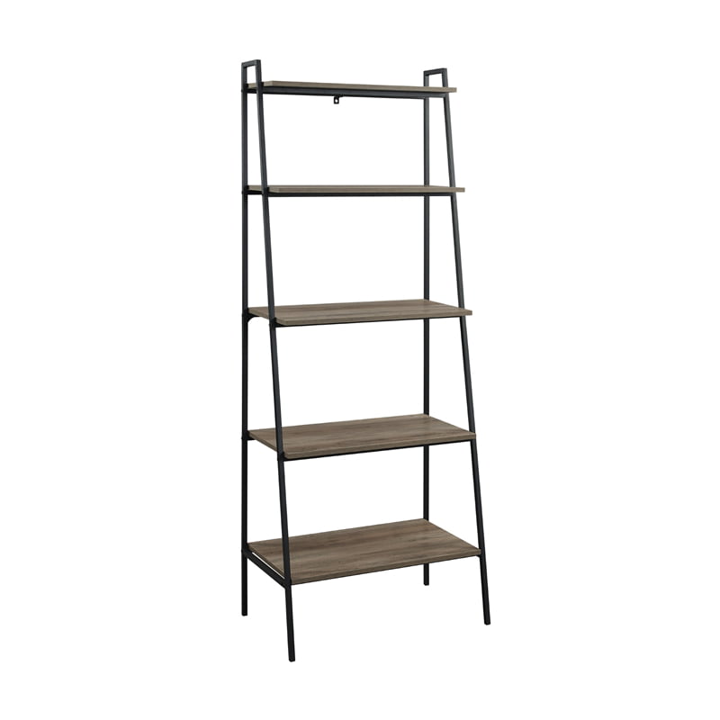 Grey Wash 28 L x 18 W x 72 H Walker Edison Industrial Metal and Wood Ladder Bookcase Tall Bookshelf Home Office Storage Cabinet