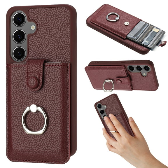 Compatible with Samsung Galaxy S25 Wallet Phone Case,360°Rotation Finger Ring Holder Kickstand,with Card Holder,Lychee Pattern PU Leather Durable Shockproof Rugged Phone Case,Winered
