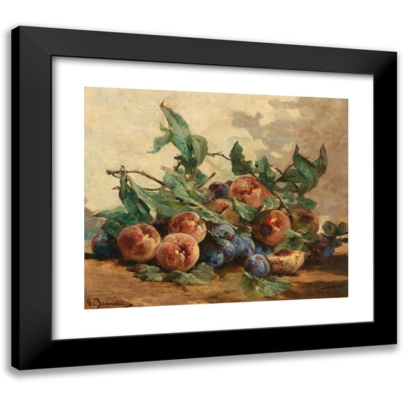 Georges Jeannin 14x12 Black Modern Framed Museum Art Print Titled - Still Life with Fruit, with Plums and Peaches