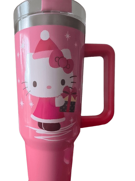 Hello Kitty 40 oz Tumbler with Handle and Straw, Pink Holiday Design, Adult Drinkware