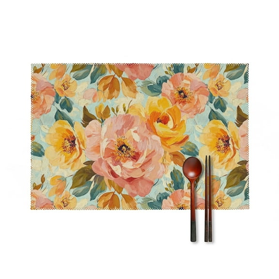 Vintage Floral Placemats Set of 4, Washable Colorful Flowers Placemats for Dining Table, Heat-Resistant Table Mats for Party Kitchen Decor, 18 x 12 inch